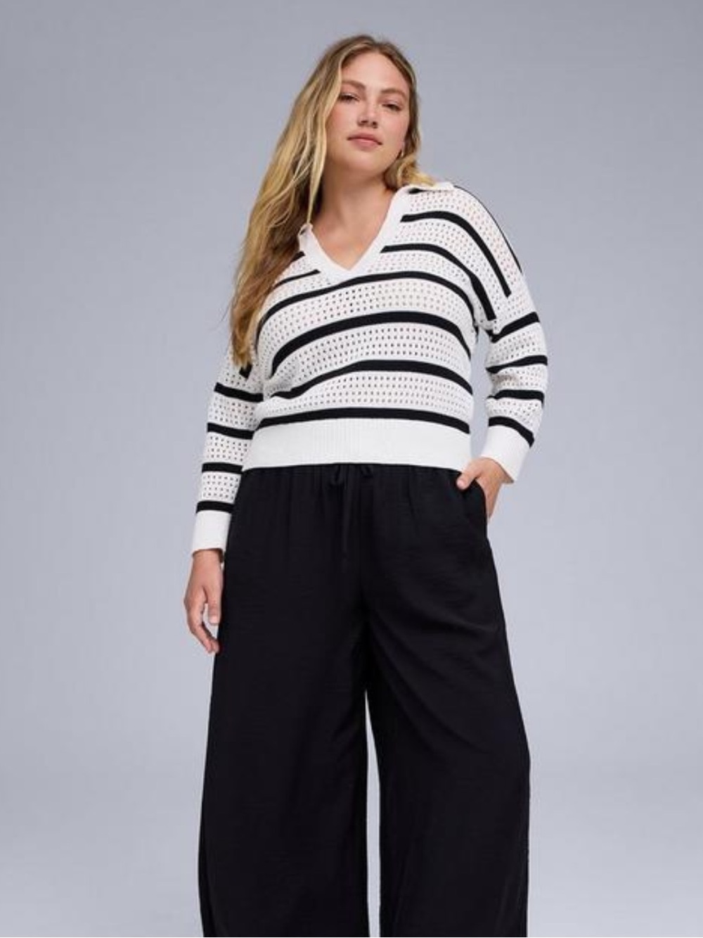 torrid Belle Isle Pointelle White & Black Striped V‑Neck Pullover